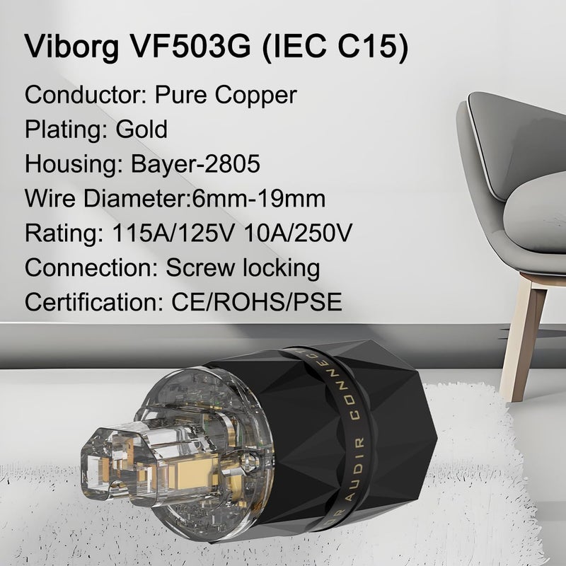 Viborg HiFi Power Connector VF503G Gold-Plated Pure Copper Non-Magnetic 15A/125V 10A/250V AC Audio Mains Plug Set Screws Hi-End IEC C15 Power Connector for DIY Audiophile Power Cord - Image 3